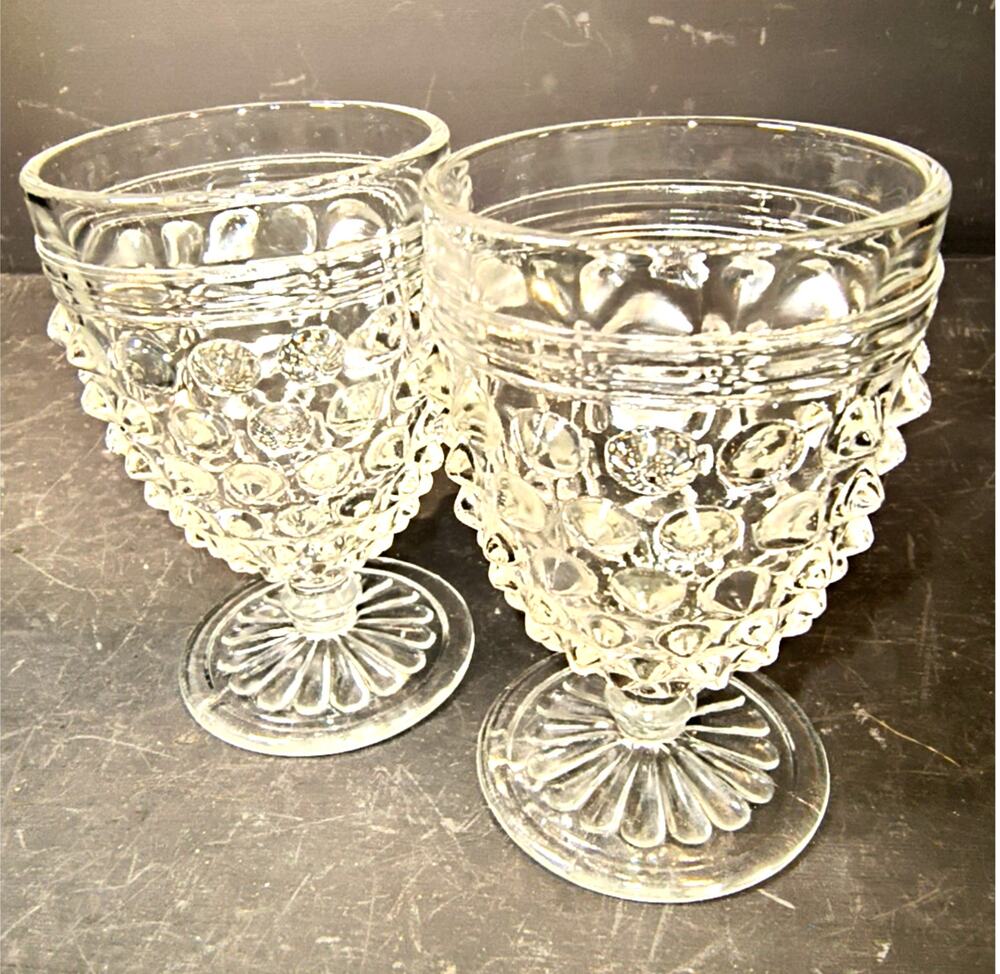 2015. Pair Vintage Hobnail Footed Cordial or Juice Glasses Clear Glass